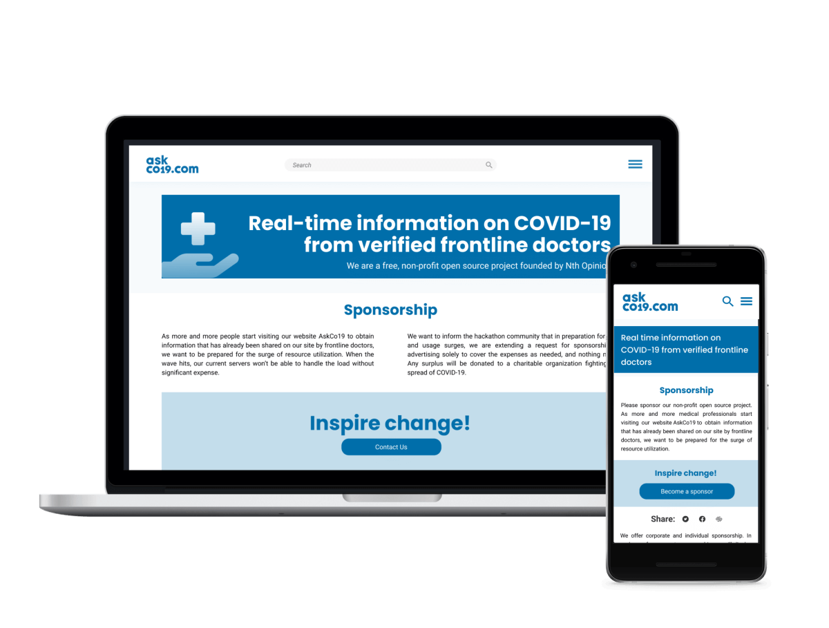 AskCo19 Sponsorship Page Desktop and Mobile View