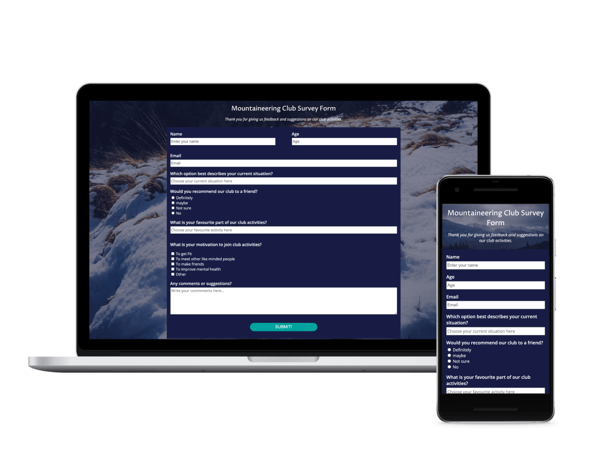 Mountaineering Club Survey Form, Mobile and Desktop Screenshot